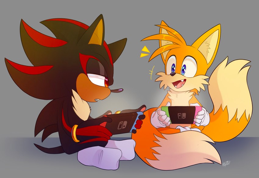 anthro clothing duo electronics footwear game_console half-closed_eyes happy male male/male narrowed_eyes open_mouth socks switch_console white_clothing white_footwear white_socks zombieeparty nintendo nintendo_switch sega sonic_the_hedgehog_(series) miles_prower shadow_the_hedgehog canid canine eulipotyphlan fox hedgehog mammal hi_res