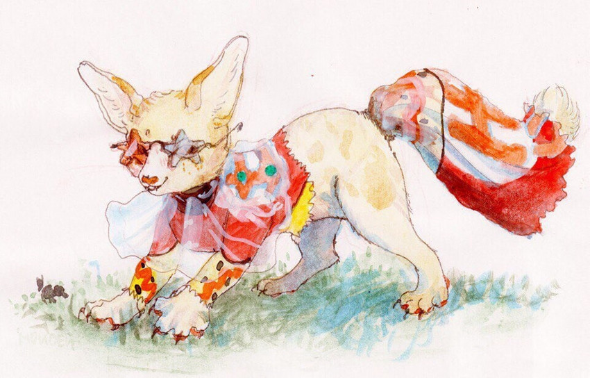 ambiguous_gender blonde_body blonde_ears clothed clothing eyewear fangs feral inner_ear_fluff smile solo sunglasses tail teeth teeth_showing tuft yellow_tail cyberzyd canid canine fennec_fox fox mammal true_fox 2021 painting_(artwork) traditional_media_(artwork) watercolor_(artwork)