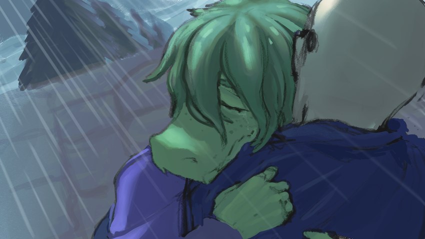 5_fingers anthro bald biped blue_clothing blue_jacket blue_topwear canon_couple clothed clothed_anthro clothed_female clothed_male clothing comforting duo eyebrows eyes_closed female fingers freckled_face freckles frown green_body green_hair green_scales hair hands_on_back hoodie hug human_on_anthro humanoid_hands interspecies jacket male male/female medium_hair outside purple_clothing purple_hoodie purple_topwear raining scales topwear water half-coco cavemanon_studios i_wani_hug_that_gator inktober inktober_2024 inco_(iwhtg) olivia_halford baryonyx dinosaur human mammal prehistoric_species reptile scalie spinosaurid theropod 16:9 colored hi_res widescreen