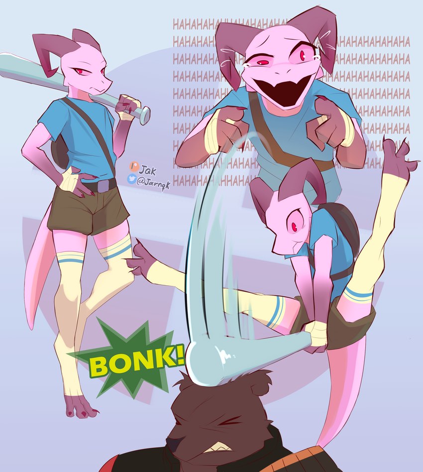 ambiguous_gender anthro baseball_bat bat_(object) blue_clothing blue_shirt blue_t-shirt blue_topwear bonk_(sound_effect) bottomwear clothed clothing digitigrade duffel_bag duo footwear fully_clothed holding_object horn laugh long_socks onomatopoeia open_mouth pink_body pink_sclera shirt shorts smile socks solo_focus sound_effects t-shirt text topwear jarnqk team_fortress_2 valve heavy_(team_fortress_2) lya_(jarnqk) scout_(team_fortress_2) bear kobold mammal scalie 2023 absurd_res digital_media_(artwork) hi_res signature female_(lore)