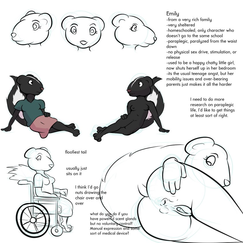 anal_glands anthro anus black_body black_fur bottomwear breasts butt clothed clothing disability female fluffy fluffy_tail fur genitals navel nipples nude paraplegic presenting presenting_hindquarters pussy rear_view skirt solo tail text vehicle wheelchair young thunderouserections study_partners emily_(study_partners) mammal mephitid skunk 1:1 2023 english_text model_sheet