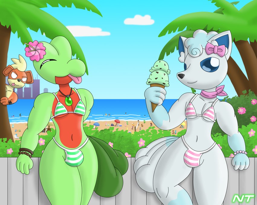 accessory anthro beach behind_tree belly bikini bikini_bottom bikini_bulge bikini_top biped blep blue_eyes bow_ribbon bracelet bulge city city_background clothed clothing cloud crossdressing dessert duo_focus eyes_closed femboy fence flower food fur green_body group hair hair_accessory hair_bow hair_ribbon head_flower head_tuft holding_object ice_cream ice_cream_cone jewelry kerchief looking_at_viewer male male_anthro multicolored_body multicolored_fur neckerchief necklace neckwear orange_body outside palm_tree penis_in_bikini plant pokemorph red_belly ribbons scarf sea shrub smile standing swimwear tongue tongue_out tree triangle_bikini tuft two-piece_swimsuit water white_body white_fur wide_hips ninjatreecko nintendo pokemon aurora_ledekova blaze_ignatius fern_shinamori alolan_form alolan_vulpix canid canine generation_1_pokemon generation_3_pokemon generation_7_pokemon growlithe mammal pokemon_(species) regional_form_(pokemon) reptile scalie treecko 5:4 hi_res