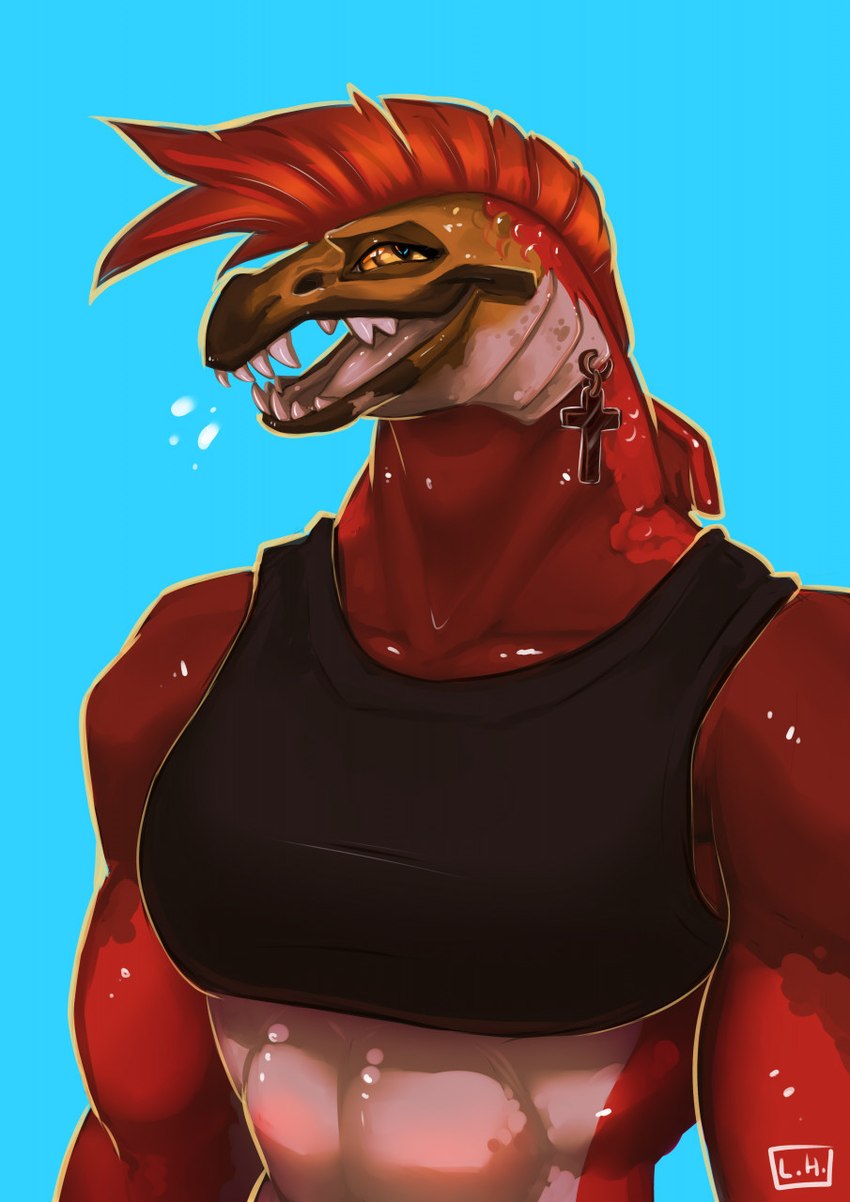 anthro blue_background breasts clothed clothing crop_top cross female gill_piercing gills hair mohawk muscular muscular_anthro muscular_female open_mouth red_body red_hair sharp_teeth shirt simple_background solo teeth topwear ferrilo shoyu_(velow) fish marine salmon salmonid_(fish) sockeye_salmon half-length_portrait hi_res portrait