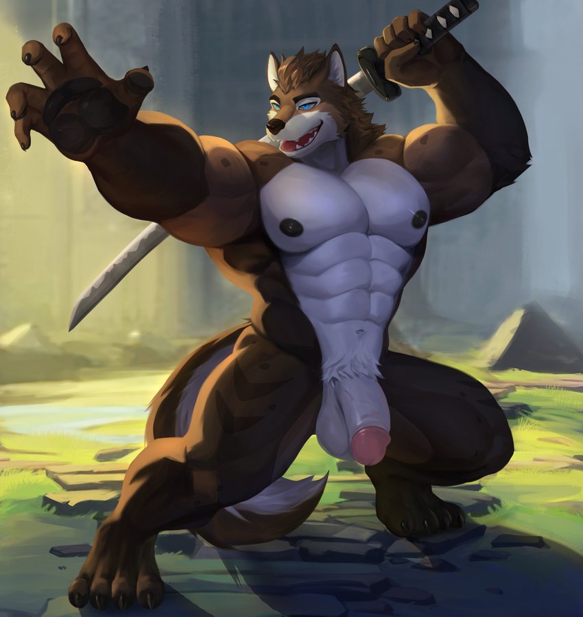 abs anthro areola balls big_muscles big_penis biped black_areola black_claws black_nipples blue_eyes claws countershading fangs flaccid foreskin fur genitals glans holding_melee_weapon holding_object holding_sword holding_weapon huge_muscles humanoid_genitalia humanoid_penis male melee_weapon multicolored_body multicolored_fur muscular muscular_anthro muscular_male navel nipples nude open_mouth open_smile outside pecs penis pink_glans pose retracted_foreskin smile solo standing sword tail teeth thick_penis tuft two_tone_body two_tone_fur two_tone_tail weapon white_penis kult2k ark_(arkwolf26) canid canine canis mammal wolf absurd_res hi_res