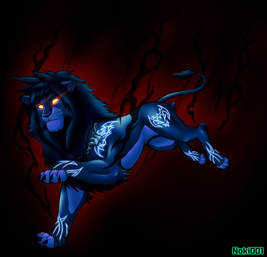 black_background blue_body blue_fur claws dark_lighting feral fur glowing glowing_eyes glowing_markings legs_in_air lighter_belly male markings mouth_closed simple_background solo tail whiskers noki001 kingdom_hearts square_enix sora_(kingdom_hearts) felid lion mammal pantherine