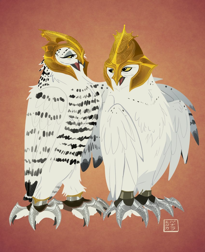 armor battle_claws duo feathers female feral headgear helmet male orange_background simple_background white_body white_feathers yellow_eyes kabuki-aku guardians_of_ga'hoole barran_(gogh) boron_(gogh) avian bird horned_owl owl snowy_owl true_owl absurd_res hi_res