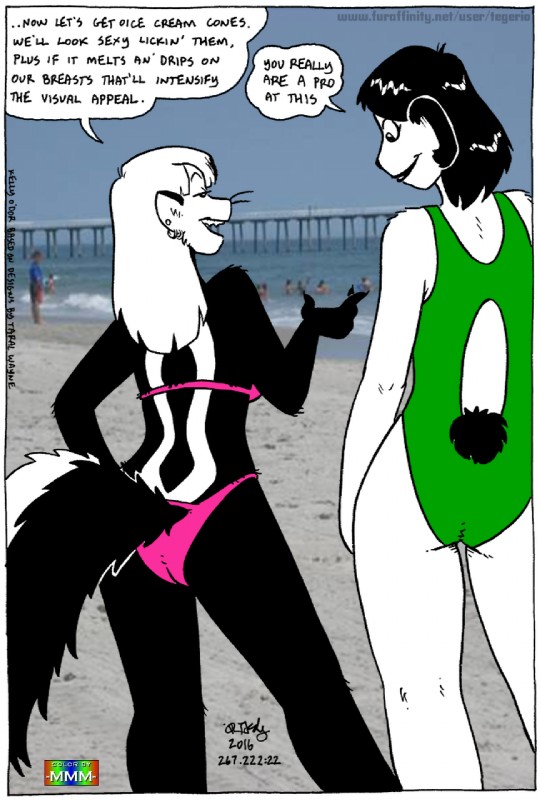 anthro backless_clothing backless_swimsuit bikini black_body black_fur black_hair bottomwear clothed clothing dialogue duo_focus ear_piercing fur furgonomic_bottomwear furgonomics group hair midriff one-piece_swimsuit piercing rear_view scut_tail short_tail swimwear tail text two-piece_swimsuit whiskers white_body white_fur white_hair marmelmm tegerio third-party_edit zandar's_saga jillian_(tegerio) kelly_o'dor bear giant_panda mammal mephitid skunk striped_skunk 2016 color_edit colored english_text hi_res url