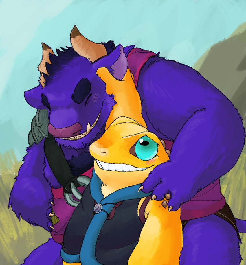 anthro arm_around_shoulder duo fur horn male male/male purple_body purple_fur scales size_difference slightly_chubby yellow_body yellow_scales sakuusa1243 killigan's_treasure killigan macsen amphibian bovid bovine cattle frog mammal hi_res