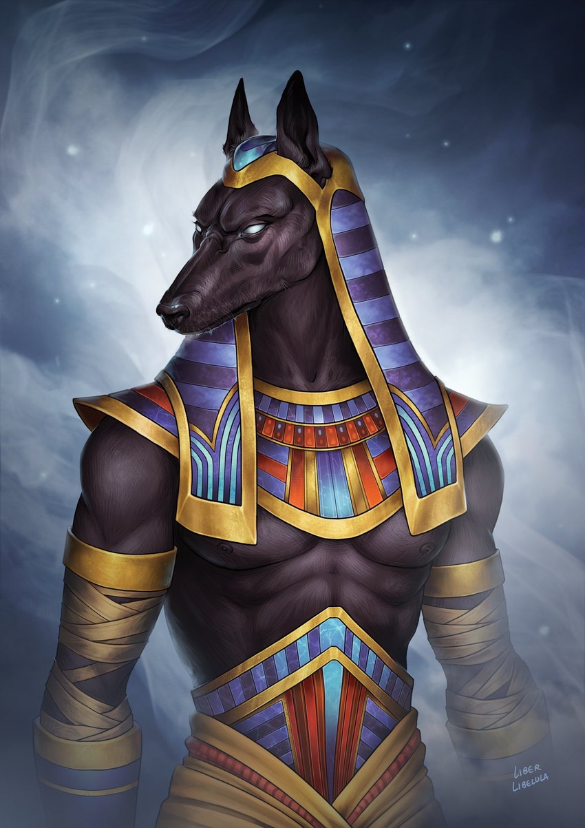 abs anthro arm_wraps armband brown_body clothing egyptian egyptian_clothing egyptian_headdress male nemes_(clothing) nipples no_shirt pharaoh royalty solo white_eyes wraps liberlibelula_(artist) egyptian_mythology middle_eastern_mythology mythology anubis anubian_jackal canid canine canis deity jackal mammal hi_res signature