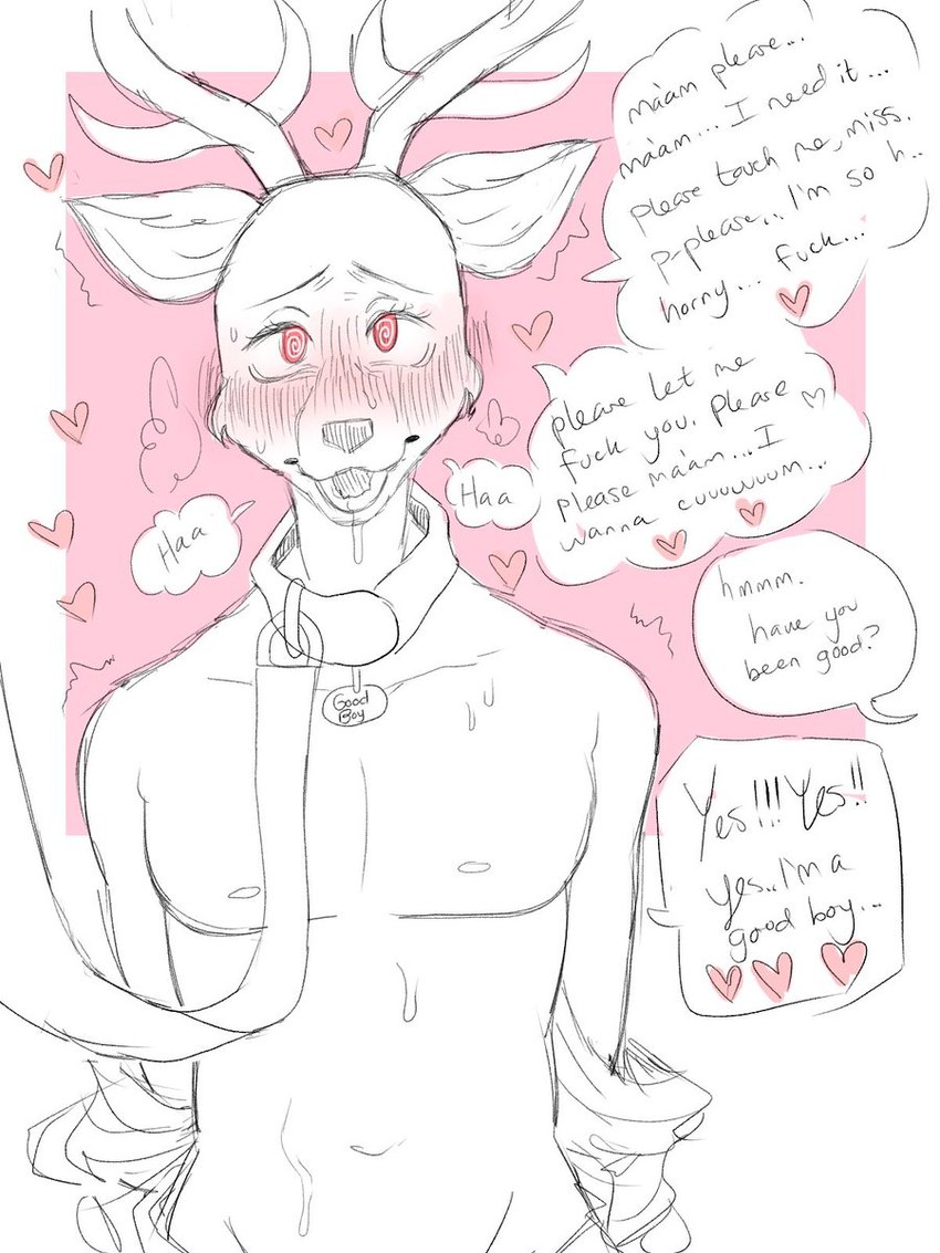 anthro antlers begging blush blush_lines bodily_fluids breath clothing collar collar_only dialogue drooling facial_tuft first_person_view good_boy heart_symbol hearts_around_head horn hypnosis leash leashing_pov looking_at_viewer male mind_control nipples nude panting pink_background red_eyes saliva shaking shivering simple_background solo speech_bubble spiral_eyes submissive submissive_male sweat teasing text tuft undressed mutedlavender beastars louis_(beastars) cervine deer mammal red_deer 3:4 english_text half-length_portrait hi_res monochrome portrait