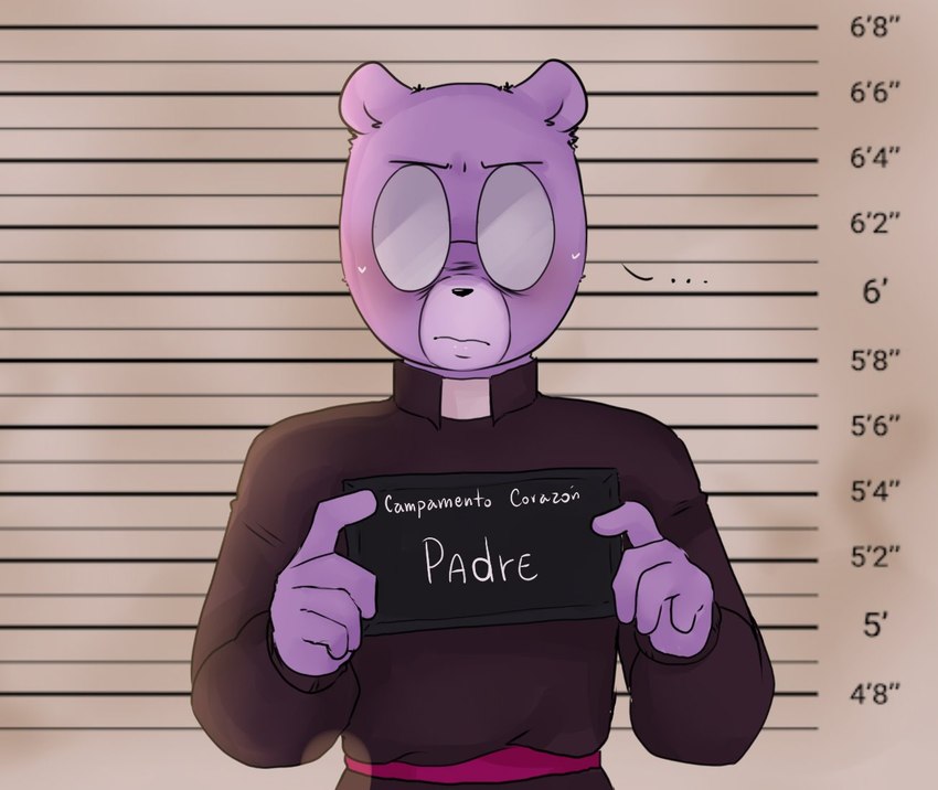 anthro biped blush eyewear glasses humanoid_hands priest purple_body solo text zadscat barbie_and_ken_mugshot_meme unicorn_wars padre_(unicorn_wars) bear mammal 2023 meme spanish_text