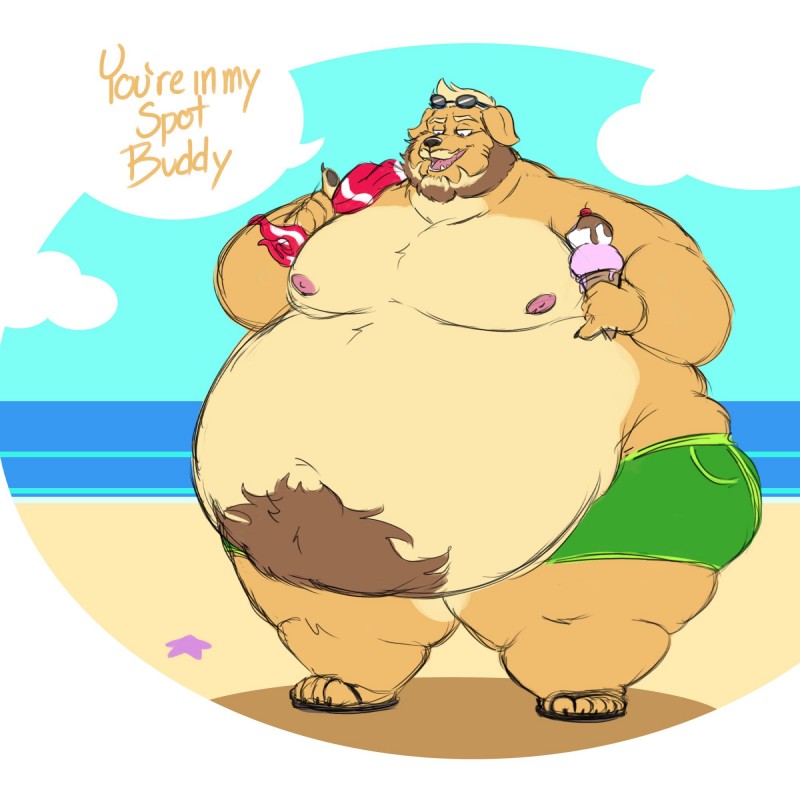 anthro beach beard belly belly_overhang big_belly claws clothed clothing dessert eyewear eyewear_on_head facial_hair flip_flops food footwear fur holding_food holding_object ice_cream ice_cream_cone male moobs morbidly_obese morbidly_obese_anthro morbidly_obese_male mustache navel nipples obese obese_anthro obese_male open_mouth open_smile outside overweight overweight_anthro overweight_male sand sandals sea seaside shoes smile solo speech_bubble standing sunglasses sunglasses_on_head swimming_trunks swimwear text thick_thighs toe_claws topless towel towel_on_shoulder water wide_hips yellow_body yellow_fur rollytiger duly_(character) ambient_sealife ambient_starfish asterozoan bird_dog canid canine canis domestic_dog echinoderm golden_retriever hunting_dog mammal marine retriever 1:1 english_text hi_res