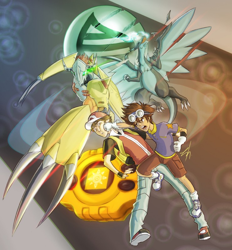 black_body black_skin blue_body blue_skin brown_eyes brown_hair claws clothing crest_of_courage digimon_crest digivice evolutionary_stone eyewear fight fire goggles green_eyes grey_body grey_skin group hair hat headgear headwear mega_stone orange_body orange_skin punch symbol wings sehroyal bandai_namco death_battle digimon nintendo pokemon pokemon_trainer red_(pokemon) taichi_kamiya digimon_(species) generation_6_pokemon mega_charizard mega_charizard_x mega_evolution pokemon_(species) wargreymon hi_res