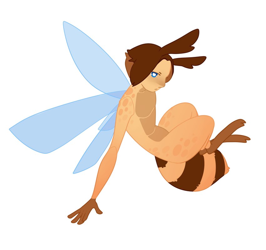 ambiguous_gender antennae_(anatomy) anthro blue_eyes brown_antennae brown_body brown_hair hair insect_wings markings mouth_closed orange_body pupils simple_background solo spots spotted_body spotted_legs spotted_shoulders striped_body stripes white_background white_pupils wings corzh77 arthropod bee hymenopteran insect absurd_res full-length_portrait hi_res portrait