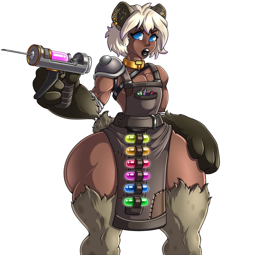 4_fingers apron arm_tuft big_forearms black_lipstick blonde_hair blue_eyes brown_body brown_fur clothing collar ear_piercing femboy fingers forearms fur hair leg_tuft lips lipstick looking_at_viewer makeup male piercing shoulder_pads simple_background solo standing syringe syringe_gun thick_lips thick_thighs tuft vial white_background wide_hips yellow_collar adjatha trials_in_tainted_space animal_humanoid humanoid hyena hyena_humanoid hyrax_(tits) mammal mammal_humanoid 1:1 2023 hi_res story story_in_description