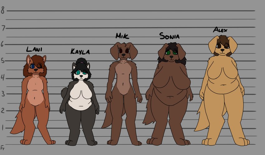 anthro belly belly_overhang big_belly big_breasts breasts chart featureless_breasts featureless_crotch female group height_chart huge_breasts male mature_anthro mature_female nude obese obese_female overweight overweight_anthro overweight_female sagging_breasts standing lonnyk alex_(lonnyk) kayla_(lonnyk) lani_(lonnyk) mik_(lonnyk) sonia_(lonnyk) bird_dog canid canine canis domestic_dog hunting_dog husky labrador mammal nordic_sled_dog retriever spitz hi_res model_sheet