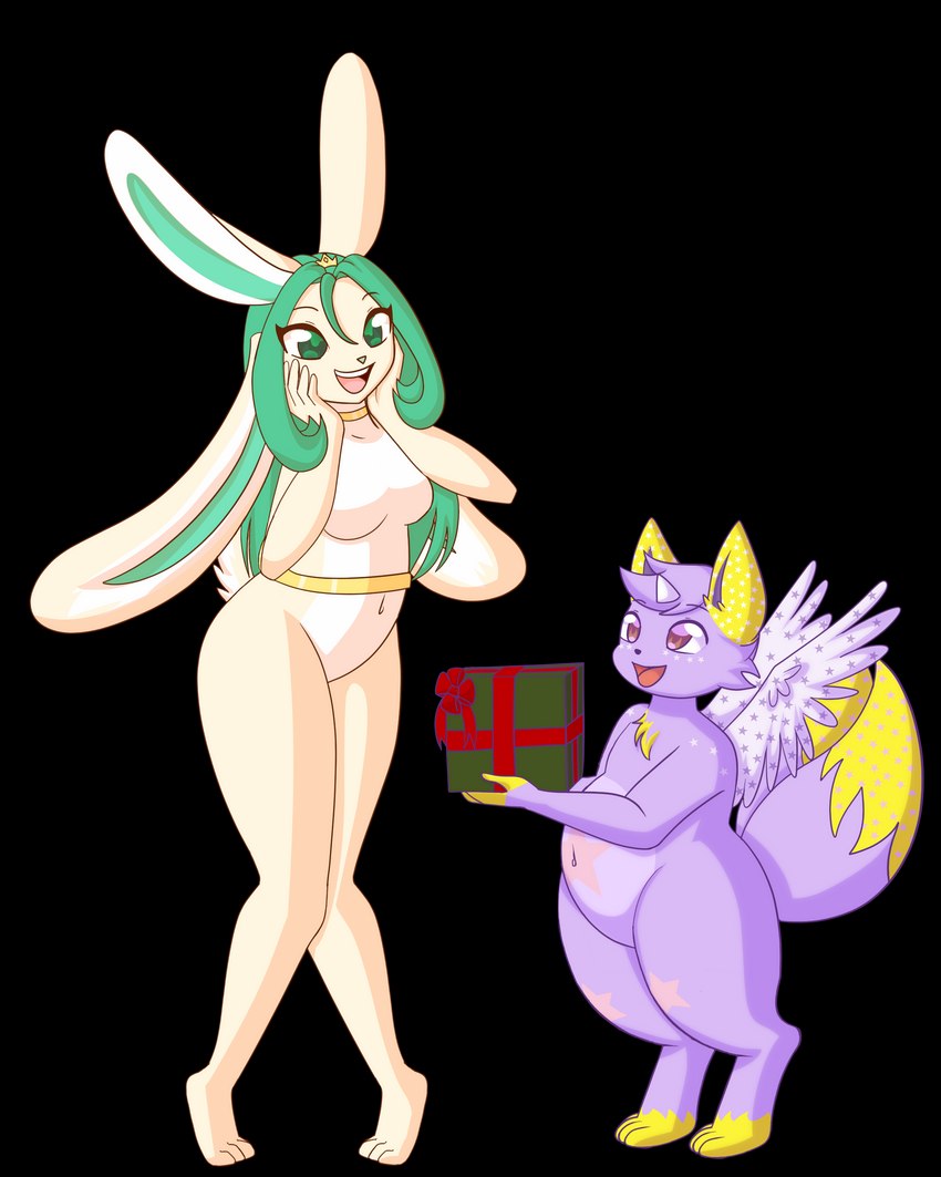 4_ears ambiguous_gender anthro auburn_eyes belly bow_ribbon chest_tuft duo female gift green_eyes green_hair hair head_tuft multi_ear slim star surprise tuft wings janus_zephyrine puchelle_tiear exadian humanoid seraphie 4:5 absurd_res alpha_channel hi_res