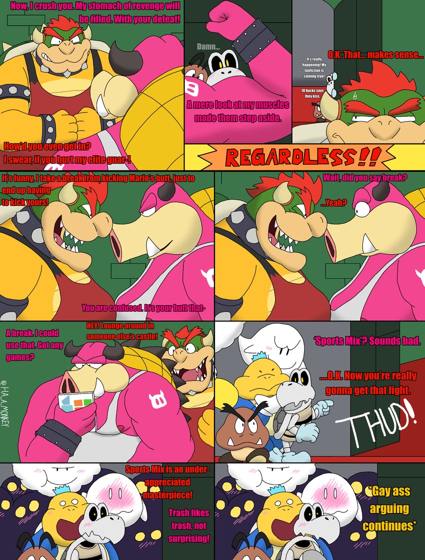 anthro armband blush blush_lines bodily_fluids clothing dialogue group hair horn male overweight overweight_male shell shirt shocked sweat sweatdrop text topwear tusks undershirt ha_a_monkey mario_and_luigi_(series) mario_bros nintendo bowser midbus boo_(mario) chargin'_chuck dry_bones goomba koopa koopa_troopa mammal scalie suid suine sus_(pig) absurd_res comic english_text hi_res