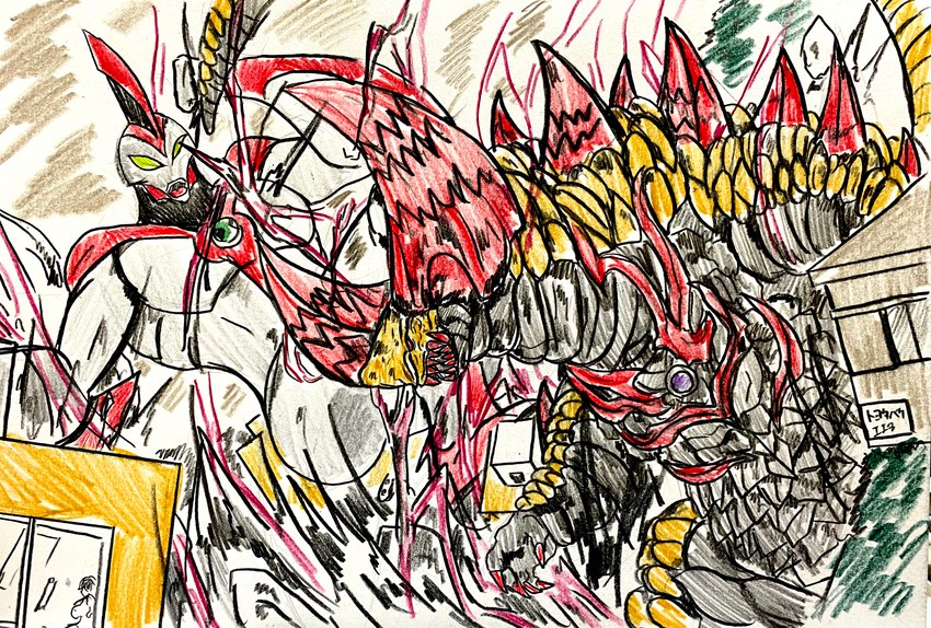 battle city city_background city_destruction claws destruction fighting_pose horn long_tail male omnitrix pose sharp_teeth tail teeth a1fze8an2s4ffdy ben_10 cartoon_network ultraman_(series) ultraman_geed gomora red_king way_big alien alien_humanoid humanoid kaiju to'kustar absurd_res crossover hi_res