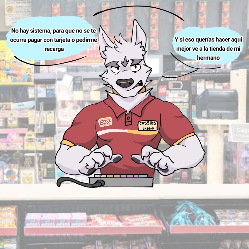 annoyed anthro black_nose brand cashier collar dialogue fur inventory male name_tag pawpads rude solo store store_clerk text white_body white_fur tamarindoarts_(artist) adastra adastra_(series) echo_project cassius_(adastra) canid canine canis mammal wolf 1:1 absurd_res hi_res spanish_text translated