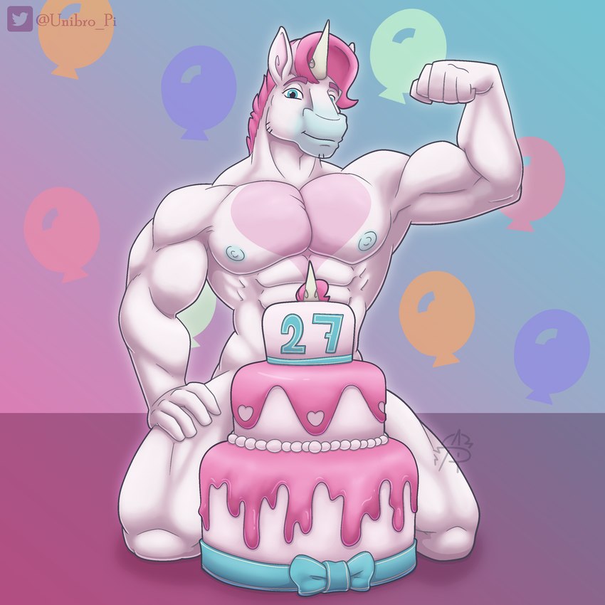 abs anthro areola biceps big_muscles birthday birthday_cake blue_eyes blue_nipples cake dessert flexing food fur hair horn looking_at_viewer male muscular muscular_anthro muscular_male nipples nude pecs pink_hair simple_background smile solo white_body white_fur unibro_pi mythology unibro_pi_(character) equid equine mammal mythological_creature mythological_equine unicorn 1:1 absurd_res censored digital_media_(artwork) hi_res