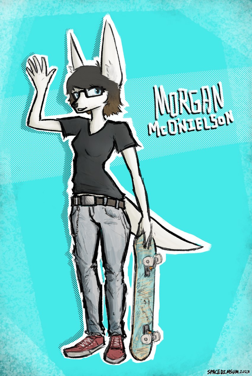 5_fingers anthro belt big_ears black_clothing black_shirt black_topwear blue_background blue_eyes bottomwear brown_hair clothed clothing cyan_background denim denim_bottomwear denim_clothing eyewear female female_anthro fingers footwear fur fur_tuft gesture glasses hair inner_ear_fluff jeans looking_at_viewer open_mouth outline pants shirt shoes simple_background skateboard slim sneakers solo standing tail text topwear tuft vehicle waving waving_hand white_body white_fur spacedimsum morgan's_skate_club morgan_mco'nielson chimera hybrid mammal 2023 digital_media_(artwork) english_text full-length_portrait hi_res portrait signature