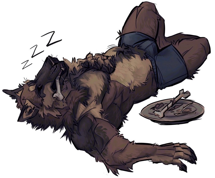 anthro biped bone brown_body brown_fur bulge clothed clothing fangs fur lying male male_anthro muscular muscular_anthro muscular_male simple_background sleeping solo sound_effects teeth topless vowelless vowelless_sound_effect white_background zzz nmvsolidus mythology canid canine canis mammal mythological_canine mythological_creature werecanid werecanine werecreature werewolf wolf hi_res