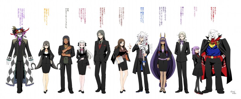 albino blue_hair clothed clothing dark_body dark_skin female fully_clothed hair human_focus male native_american not_furry_focus red_eyes suit text white_hair shimaneko fate_(series) type-moon caster_geronimo caster_helena_blavatsky caster_irisviel_von_einzbern caster_leonardo_da_vinci caster_mephistopheles caster_merlin caster_nitocris caster_thomas_edison caster_wolfgang_amadeus_mozart caster_xuanzang_sanzang nitocris_(fate) waver_velvet xuanzang_sanzang_(fate) animal_humanoid canid canid_humanoid canine canine_humanoid felid human humanoid jackal_humanoid lion mammal mammal_humanoid pantherine absurd_res hi_res japanese_text