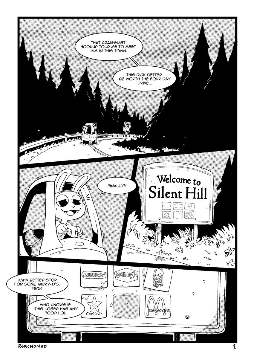 anthro dialogue driving evergreen_tree male pine_tree plant road sign solo text toy_car tree redic-nomad carl's_jr. denny's konami mcdonald's silent_hill subway_(restaurant) taco_bell dumbwhore lagomorph leporid mammal rabbit 2024 black_and_white comic english_text hi_res monochrome