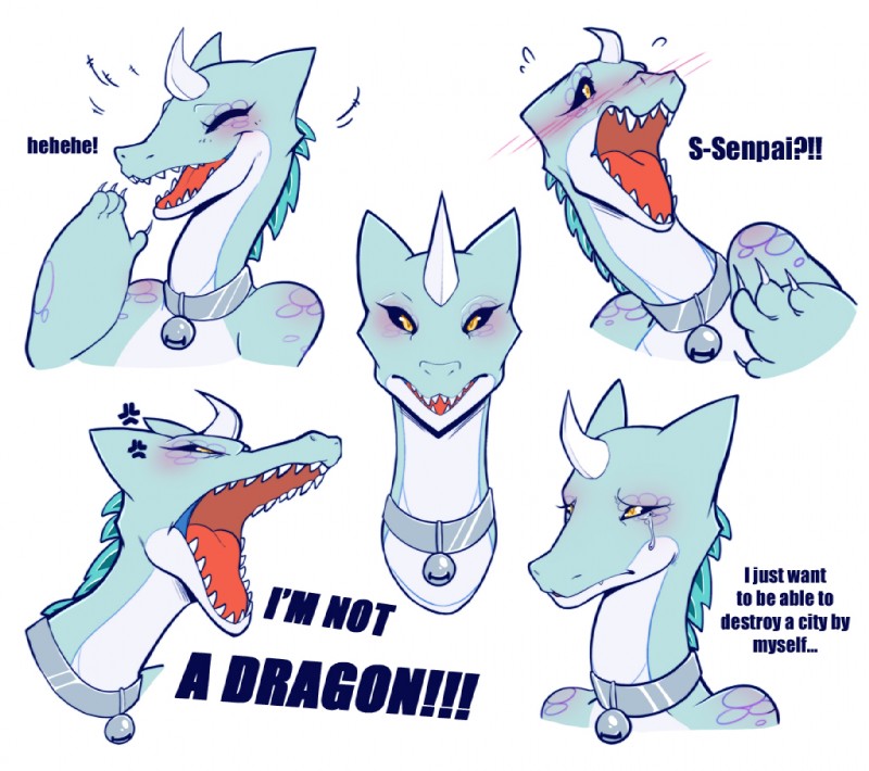 angry anthro bell big_hands black_sclera blue_body blue_skin blush bodily_fluids collar expressions female horn sad simple_background solo tears text white_background yellow_eyes redrabbu pipsqueak_(redrabbu) kaiju scalie english_text expression_sheet