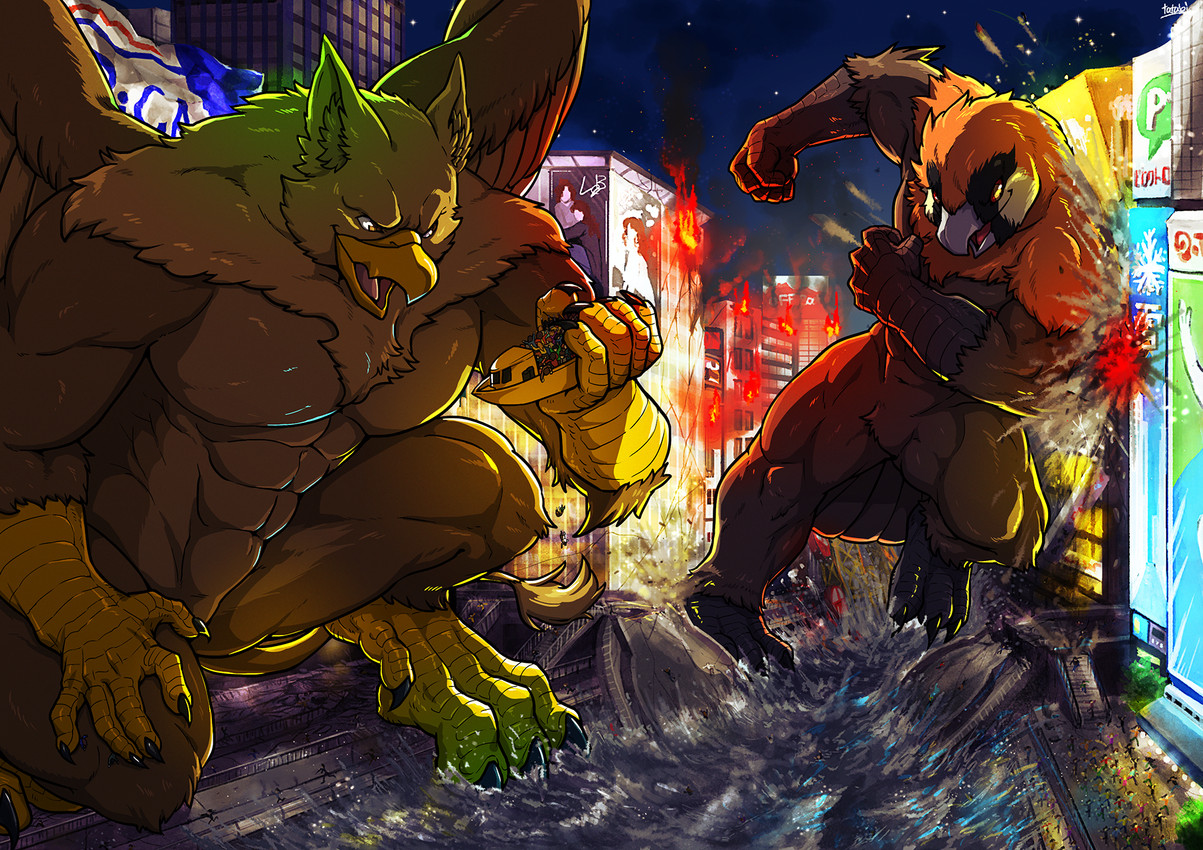 4_toes 5_fingers abs anthro beak biped brown_body brown_fur building building_destruction city city_background city_crushing city_destruction cityscape claws destruction duo extreme_size_difference feathered_wings feathers feet finger_claws fingers fire fur house landscape_dwarfing light macro macro_anthro macro_male male muscular muscular_anthro muscular_male night nude open_mouth outside pawpads paws pecs rampage river ship size_difference sky smile stomping tail toe_claws toes vehicle vehicle_destruction watercraft wings tatugon mythology carpo sergey_(abiki) accipitrid accipitriform avian bearded_vulture bird gryphon mythological_avian mythological_creature old_world_vulture vulture hi_res