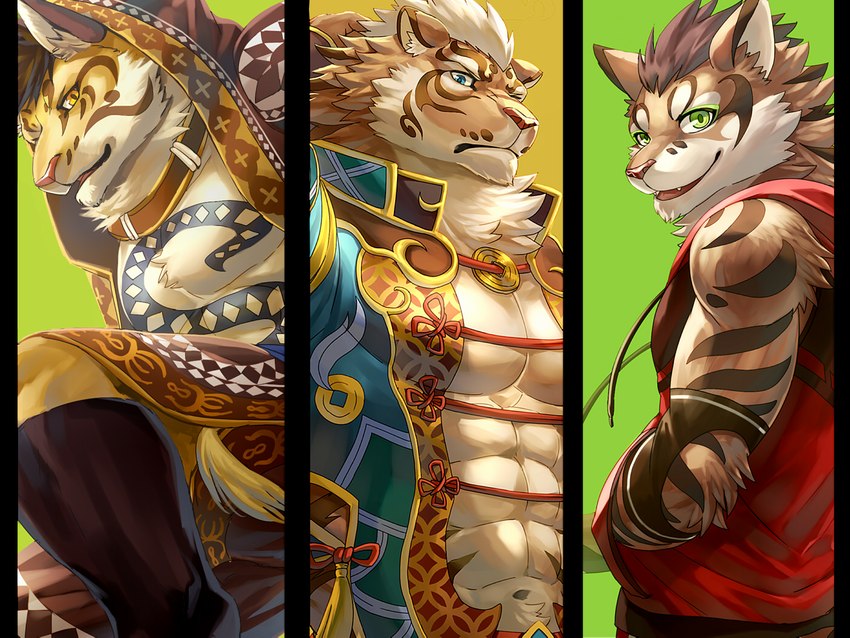 anthro black_bars clothing clothing_cord countershading drawstring group hand_in_pocket hoodie male muscular muscular_anthro muscular_male open_mouth pockets smile tattoo topwear trio sky_gomi nekojishi studio_klondike likulau lin_hu shu-chi clouded_leopard deity felid feline leopard_cat mammal pantherine prionailurus tiger 2019 4:3