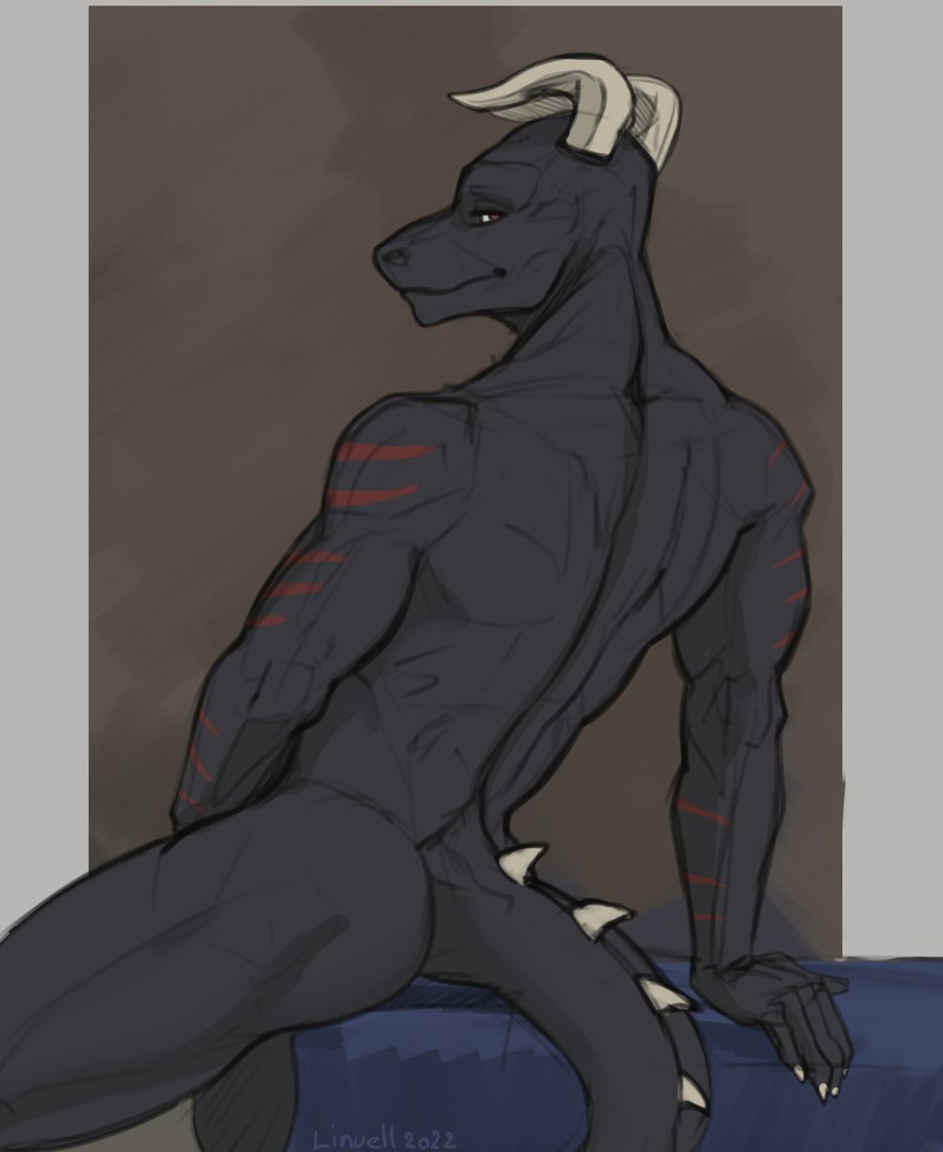 anthro arm_stripes athletic athletic_anthro athletic_male back_muscles black_body black_scales butt looking_at_viewer looking_back male pose rear_view red_eyes scales simple_background sitting smile smirk solo spiked_tail spikes spikes_(anatomy) tail linuell mythology malzel_(kojimafire) dragon mythological_creature mythological_scalie scalie digital_drawing_(artwork) digital_media_(artwork) hi_res