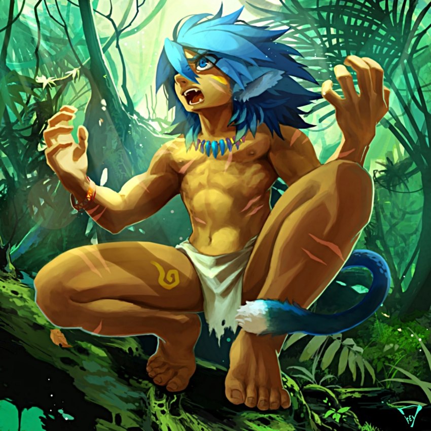 abdominal_scar arm_scar blue_eyes blue_hair bottomwear bracelet chest_scar clothed clothing crouching day detailed_background facial_scar feet forest hair jewelry jungle leaf leg_scar lens_flare light log loincloth loincloth_only male moss nails on_log open_mouth outside particles plant plantigrade pose scar scars_all_over skimpy solo spread_legs spreading sunlight tan_body tan_skin toenails toes tooth_necklace topless tree tribal vines wood kiske_7key animal_humanoid cat_humanoid felid felid_humanoid feline feline_humanoid humanoid mammal mammal_humanoid 1:1 2014 full-length_portrait hi_res portrait