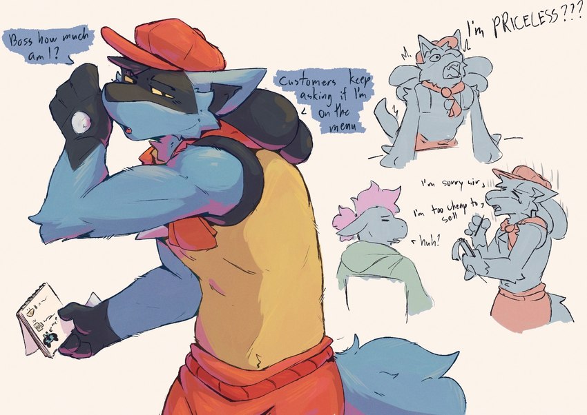 anthro blue_body blue_fur chest_spike clothing dialogue duo fingers fur hat headgear headwear humor male self-deprecating_humor self_deprecation solo spikes spikes_(anatomy) tail text jephhh nintendo pokemon canid canine generation_4_pokemon lucario mammal pokemon_(species) english_text hi_res multiple_scenes