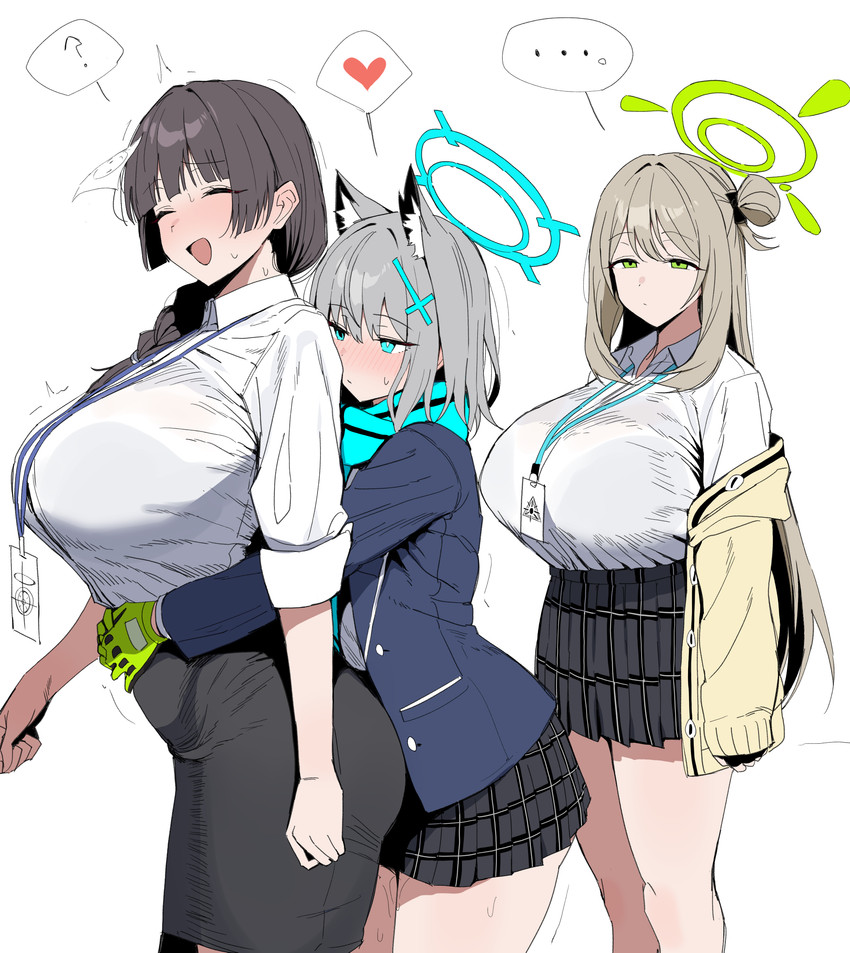 big_breasts black_bottomwear black_clothing black_hair black_skirt blue_eyes blue_scarf blush blush_lines bodily_fluids bottomwear breasts clothed clothing collared_shirt ellipsis eyes_closed female female/female female_human female_humanoid gloves green_clothing green_eyes green_gloves green_handwear grey_hair group hair halo handwear heart_symbol hug huge_breasts hugging_another hugging_from_behind id_card inner_ear_fluff jacket larger_female larger_human long_hair long_sleeves medium_hair nervous nervous_sweat open_clothing open_jacket open_mouth open_smile open_topwear pattern_bottomwear pattern_clothing pattern_skirt plaid plaid_bottomwear plaid_clothing plaid_skirt pleated_skirt question_mark scarf shaking shirt simple_background size_difference skirt smaller_female smaller_humanoid smile sweat sweaty_legs sweaty_thighs topwear trembling trio tuft white_background white_clothing white_shirt white_topwear yellow_clothing yellow_jacket_(clothing) yellow_topwear xipa_(artist) blue_archive nonomi_(blue_archive) sensei_(blue_archive) shiroko_(blue_archive) animal_humanoid cat_humanoid felid felid_humanoid feline feline_humanoid human humanoid mammal mammal_humanoid absurd_res digital_drawing_(artwork) digital_media_(artwork) hi_res