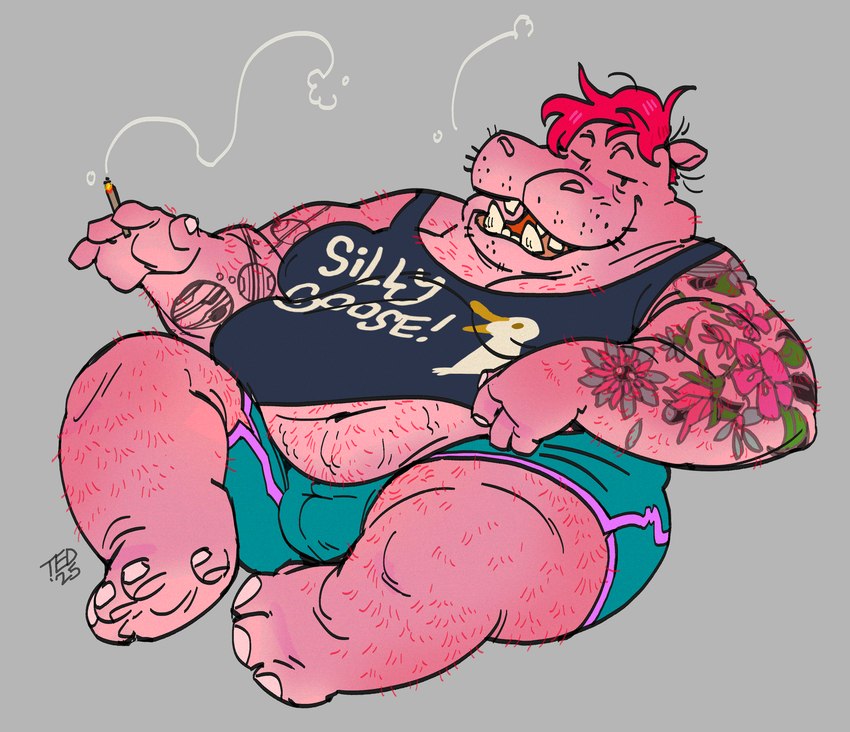 4_fingers anthro arm_hair arm_tattoo barefoot belly biped black_clothing black_shirt black_tank_top black_topwear blue_bottomwear blue_clothing blue_shorts blush body_hair bottomwear breasts bulge chest_hair cigarette clothing crooked_teeth feet fingers flower grey_background hair half-closed_eyes holding_cigarette holding_object leg_hair looking_at_another male moobs narrowed_eyes overweight overweight_anthro pink_body plant reclining red_hair shirt short_hair shorts simple_background small_breasts smoke smoke_trail solo stomach_hair tank_top tattoo text topwear whiskers corantus anatid anseriform anserinae avian bird common_hippopotamus goose hippopotamid mammal absurd_res digital_media_(artwork) english_text hi_res nonbinary_(lore)