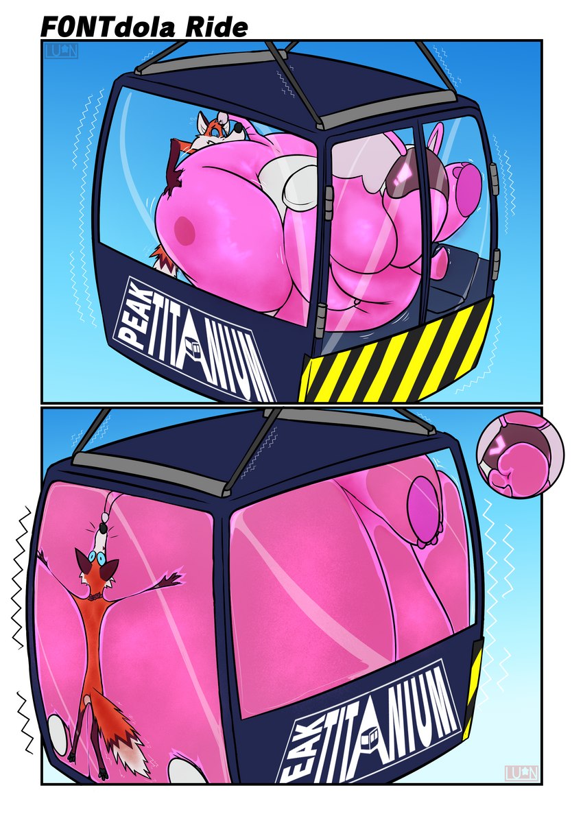 aerial_lift anthro belly belly_squeeze belly_squish breasts butt butt_grab butt_squish cable_transport expansion female gondola_lift hand_on_butt overweight overweight_female public_transportation size_difference smothering squish stuck trapped trunk logtut f0nt canid canine elephant elephantid fox mammal proboscidean protophant absurd_res comic hi_res