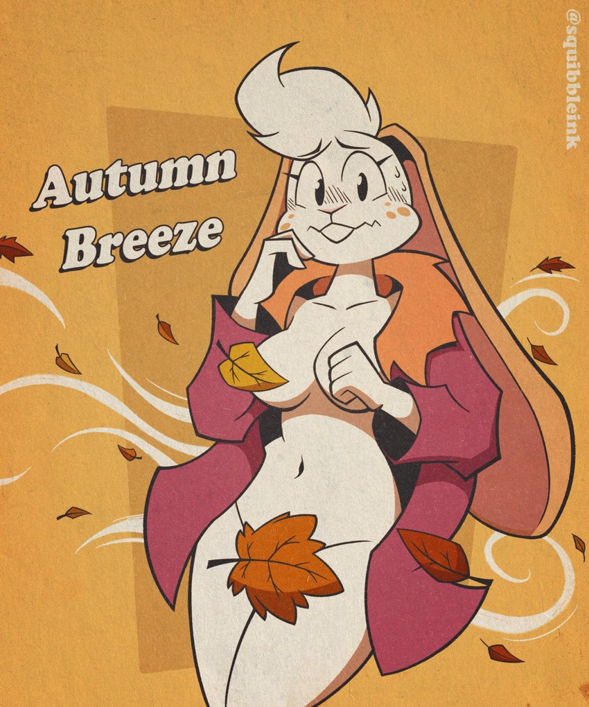 anthro autumn autumn_leaves big_breasts blush blush_lines bodily_fluids bottomless breasts clothed clothing collarbone convenient_censorship curvy_figure duo embarrassed eyebrow_through_hair eyebrows eyelashes female fur hair jacket jacket_only looking_at_viewer mostly_nude mostly_nude_anthro mostly_nude_female navel orange_background overbite simple_background sweat sweatdrop text topwear topwear_only translucent translucent_hair white_body white_fur white_hair wind squibbleink suzy_(squibbleink) lagomorph leporid mammal rabbit 2024 absurd_res artist_name digital_drawing_(artwork) digital_media_(artwork) english_text hi_res