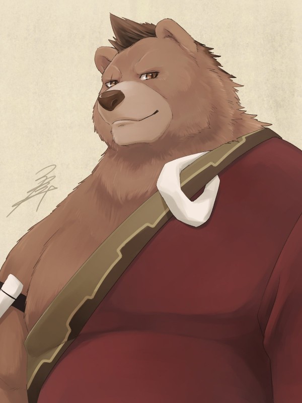 anthro brown_body brown_fur clothed clothing fur male overweight overweight_anthro overweight_male simple_background solo kumao mohumohuotou okatana sdorica furygrowl bear mammal 2018 3:4 hi_res