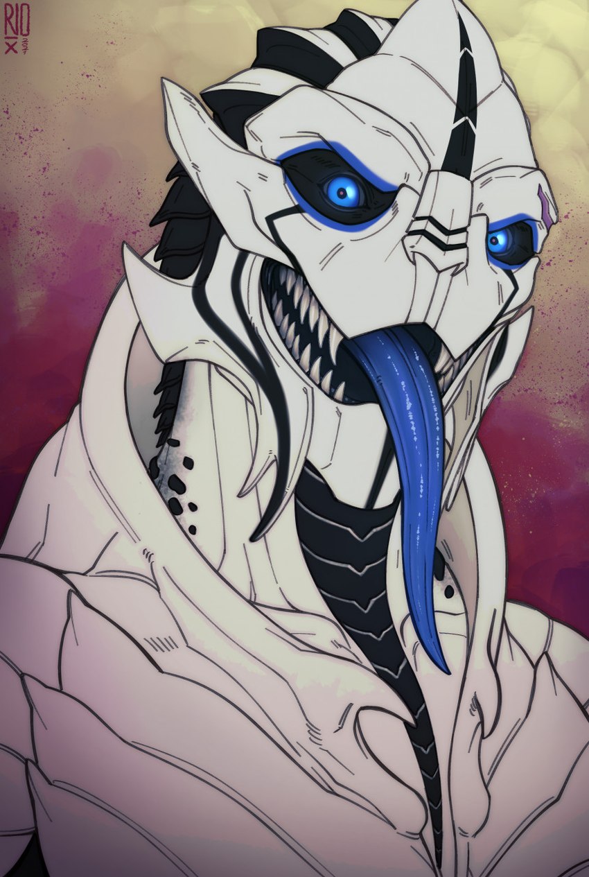 black_body blue_eyes blue_tongue glistening glistening_eyes glistening_tongue grey_sclera logo looking_at_viewer male not_furry open_mouth simple_background solo tongue tongue_out white_body riorix bioware electronic_arts mass_effect thedax_(character) alien humanoid turian 2021 artist_logo bust_portrait dated hi_res portrait