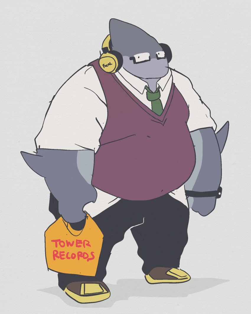 anthro belly bottomwear clothing electronics eyewear glasses headphones kemono male necktie overweight overweight_male pants shirt simple_background solo sweater sweater_vest text topwear vest dumdum fish marine shark 2021 hi_res