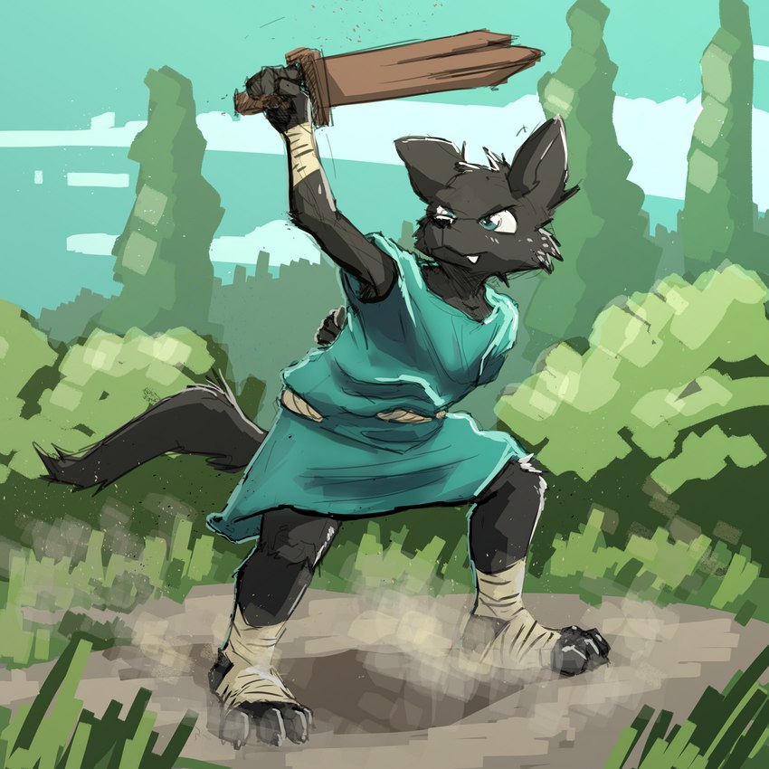 4_toes anthro barefoot black_body black_fur blue_eyes clothing dust_cloud fangs feet fur male practice_sword shirt solo teeth toes topwear tunic wooden_sword wraps young young_anthro young_male dakkawoof dakka canid canine canis mammal wolf 1:1 2023 hi_res