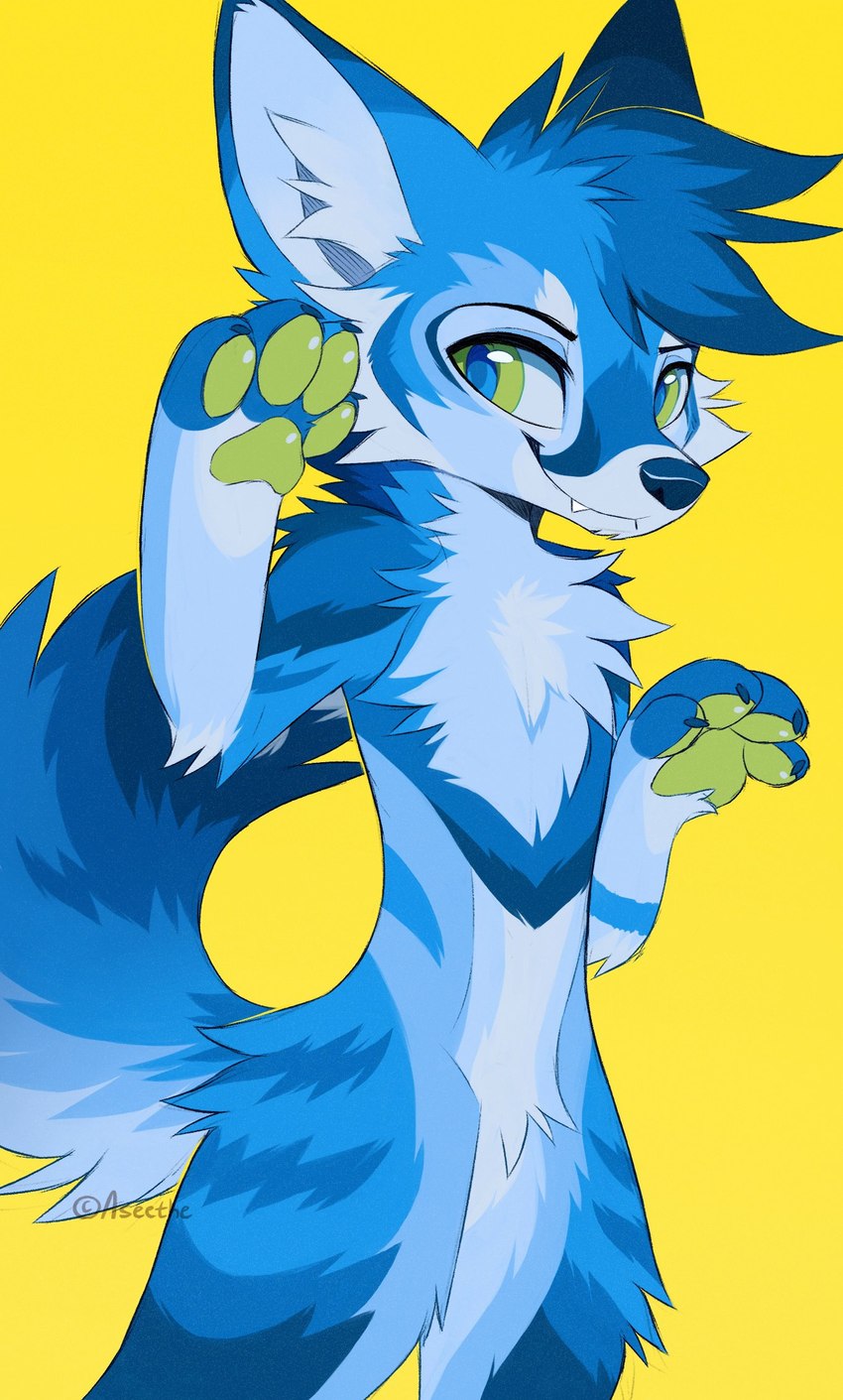 anthro cheek_tuft facial_tuft green_pawpads head_tuft inner_ear_fluff looking_at_viewer nude pawpads simple_background smile solo tuft yellow_background aseethe canid canine canis coyote fox hybrid mammal 2023 digital_media_(artwork) hi_res signature