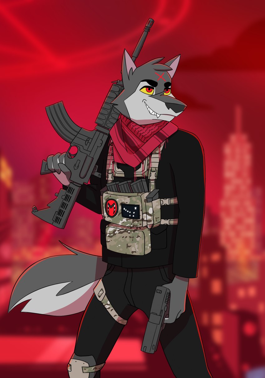 anthro chest_rig city cityscape fanfiction gun handgun hell kerchief knee_pads male pistol pose ranged_weapon rifle shemagh solo tactical_gear weapon aceshellshocked canid canine canis mammal wolf absurd_res hi_res