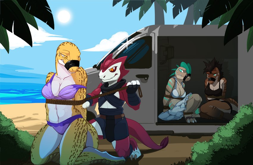 anthro bdsm beach big_breasts bikini bodily_fluids bondage bound breasts cleavage clothed clothing countershading female gag group kidnapping kneeling male seaside sweat swimwear tape tape_gag two-piece_swimsuit lunarez kane_(azura_the_dragoness) dinosaur kobold prehistoric_species reptile scalie theropod hi_res