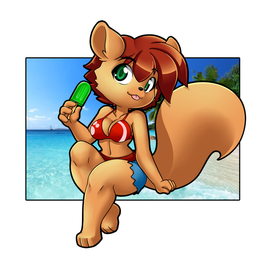 3_toes anthro barefoot bikini breasts cleavage clothed clothing feet female food hair popsicle seaside solo swimwear toes two-piece_swimsuit nekonny elexis_(mramp) mrs._amp_(mramp) mammal mustelid musteline true_musteline weasel