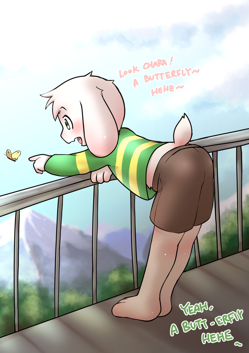 anthro arched_back bottomwear butt clothing fur leaning leaning_forward male raised_tail shorts smile solo sweater tail text topwear white_body white_fur young young_anthro kawa_(artist) undertale undertale_(series) asriel_dreemurr bovid caprine goat mammal monster absurd_res english_text hi_res