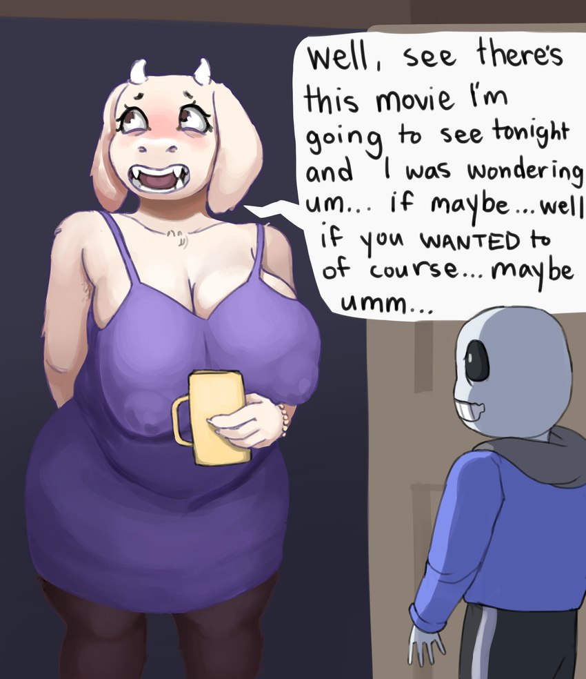 anthro areola_outline big_breasts blush bone breasts clothing curvy_figure door dress duo female fur horn legwear male nipple_outline sagging_breasts shy skeleton smile speech_bubble sundress text thick_thighs tights voluptuous white_body white_fur xmobile undertale_(series) sans_(undertale) toriel humanoid absurd_res english_text hi_res