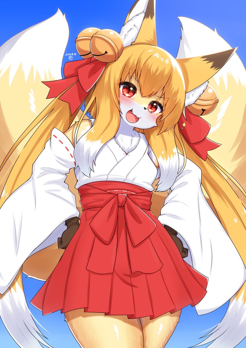 2_tails accessory anthro asian_clothing bell blonde_hair blush bottomwear breasts brown_body brown_fur clothing cute_fangs dipstick_ears dipstick_tail ear_markings east_asian_clothing female female_anthro fingers fluffy fur gloves_(marking) hair hair_accessory hair_bell hakama hands_on_hips head_tilt inner_ear_fluff japanese_clothing jingle_bell kemono long_hair looking_at_viewer markings miko_outfit multi_tail multicolored_body multicolored_ears multicolored_fur multicolored_hair multicolored_tail open_mouth red_eyes ribbons shrine_maiden small_breasts solo tail tail_markings tongue tuft twintails_(hairstyle) white_body white_fur white_hair yellow_body yellow_fur horokusa0519 nio_(horokusa) canid canine fox mammal 2024 digital_media_(artwork) hi_res portrait three-quarter_portrait